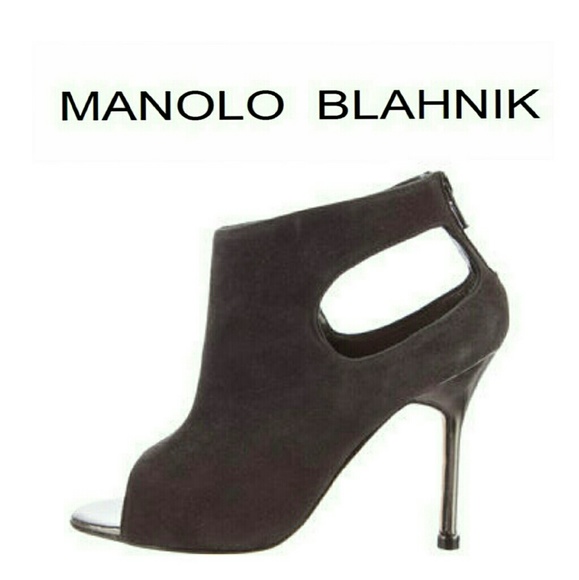 EUC Manolo Blahnik Grey Suede Peep-Toe Bootie Size EU 37.5